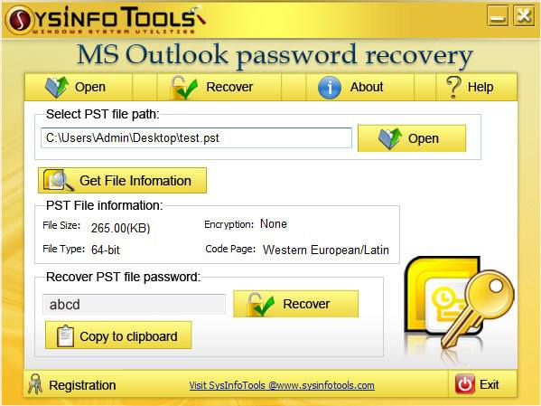MS Outlook PST password recovery tool, recovers password from .pst files.