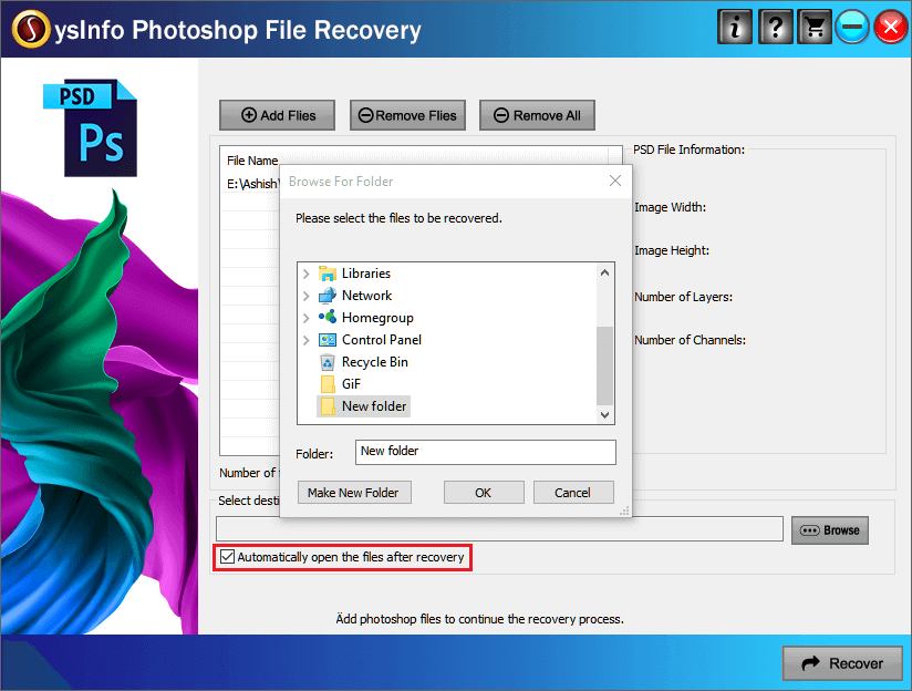 click on Automatically open the files after recovery