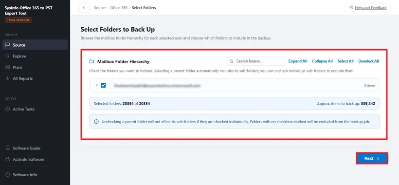 Select the Mailbox folder that you want to export