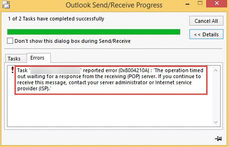 sending and receiving reported error 0x8004210a